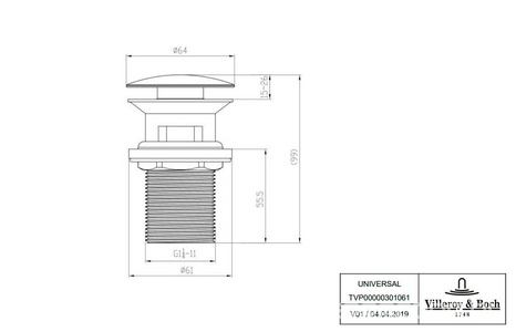 Слив для раковины Push-open (цв.хром), V&B ZZ Villeroy & Boch Универсал TVP00000301061