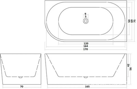 Ванна 1700x750x560мм, асиместричная R правая, слив перелив в компл., (акрил цв.белый),  ZZ Cerutti Spa Ami CT10091