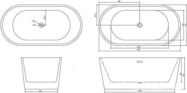 Ванна 1700x750xh600мм, отдельностоящая, слив перелив в компл., (акрил цв.белый),  170II ZZ Cerutti Spa Resia CT10519