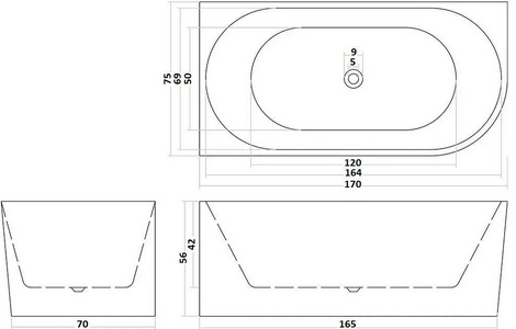 Ванна 1700x750x560мм, асиместричная L левая, слив перелив в компл., (акрил цв.белый),  ZZ Cerutti Spa Ami CT10090