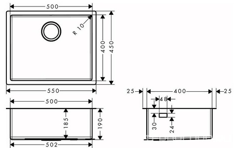 Мойка кухонная 500, для монтажа под столешницу, размер выреза 498х398мм, без отв.д/смесит.,  (нерж.сталь), S719-U500 ZZ Hansgrohe Универсал 43427800