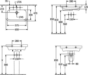 Раковина 650х470мм, 1 отв. д/смес., с переливом, (цв. R1 white cer+),  ZZ Villeroy & Boch Architectura 418865R1