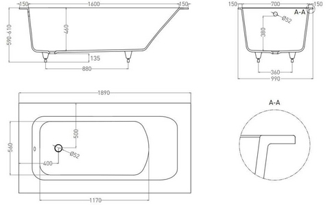 Ванна 1900х800хh600мм, с фронт.экраном №2 справа, размеры на схеме, встраив.,S-Sense мат.цв.белый,на регулир.опорах,БЕЗ слива-перелива, Plus ZZ Salini Orlanda 102014M  + фронт.экран №2 с ревиз.отв. справа, слив-пер.спра