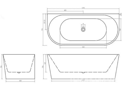 Ванна 1700x750x560мм, пристенная, слив перелив в компл., (акрил цв.белый),  ZZ Cerutti Spa Vettore W CT9345