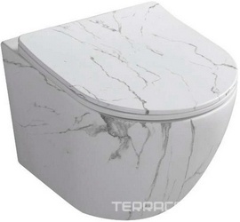 Унитаз подвесной, безободковый, смыв Tornado, 500х400х430мм, сиденье с микролифтом, крепеж в компл., (цв.белый мрамор мат), SELLA Aria Tornado MMW ZZ
