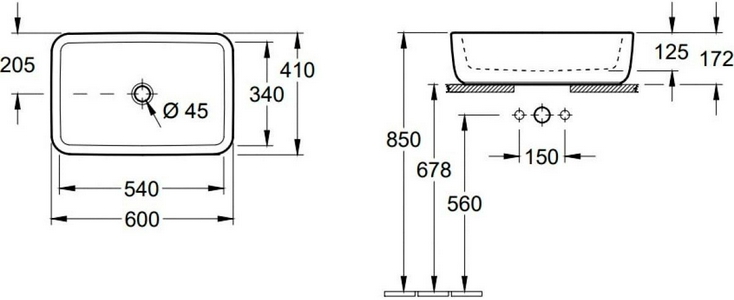 Раковина для установки на столешницу, прямоуг., 600х410хh172мм, без отверстия для смесит, с переливом, креп.в компл,(цв.R1 white cer+), ZZ Villeroy & Boch Architectura 412760R1
