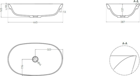 Раковина полувстраиваемая в столеш.сверху, овальная, 645х387хh165мм, без отв.д/смес, без перелива, литой камень S-Sense глянец,цв.белый,  01 ZZ Salini Marea 1802101G