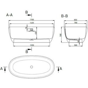 Ванна 1700х850хh580мм,отдельност, литой камень S-Stone матовый, интегрированный слив-прелив, донный клапан "Up&Down" в цвет ванны,  ZZ Salini Luce 100121M