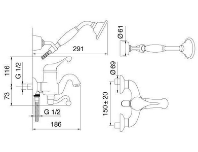Смеситель для ванны, (лейка д/д, шланг, кронштейн в компл.), (цв. золото),  ZZ 3M Piccadilly 2100 DD