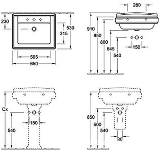 Раковина 650х530мм, 1 отв. д/смес., установка на пьедестал 7232 и п/пьед. 7231  (R1 white ceramicplus),  ZZ Villeroy & Boch Hommage 710165R1