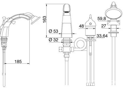 Смеситель для ванны, встраиваемый  в борт на 3 отв., лейка, шланг д/д в компл., (цв. золото)  ZZ 3M Piccadilly 2165 DD