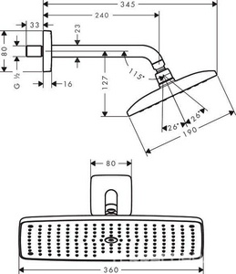 Верхний душ  E360 AIR 1jet  360x190мм, c стеновым держателем для верхнего душа 223 мм,  ZZ Hansgrohe Raindance 27371000