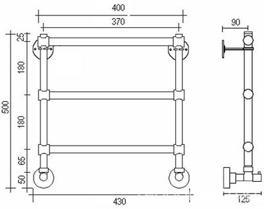 Полотенцесушитель 400(430)хh500х125мм, подвод воды int.370мм, (цв. золото), краны, крепёж в компл., (ГВС, 6 bar) Margaroli 440 ZZ Margaroli Sole 440-400x518,5-370/3M Gold
