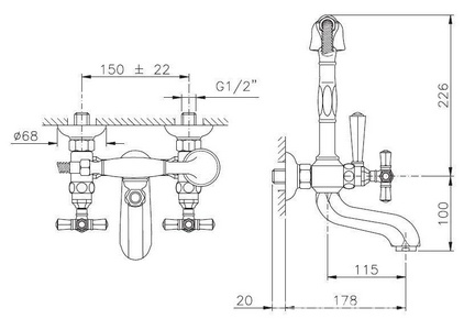 Смеситель для ванны, с душевым гарнитуром (лейка, шланг в компл.), (цв. золото),  ZZ Nicolazzi Teide Four 1901 GO 45