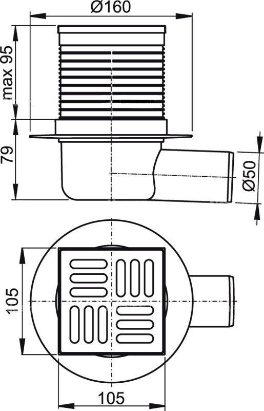 Сливной трап 105*105/50 мм с боковой подводкой, из нерж.стали, APV1