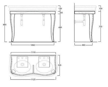 Структура напольная (2 ножки с основой) 1060х505хh755мм, под раковину 1200мм, (дерев. цв. белый глянец),  ZZ Simas Lante LAM120 bianco