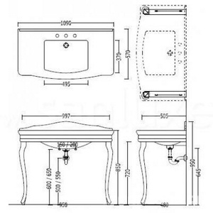 Раковина-консоль 1090х570хh850/950мм, с 1 отв. для смесителя, столешница и ножки 2шт из белой керамики,  ZZ Devon & Devon Colette DECOLETT EBI(1)FGBI