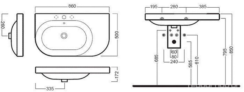 Раковина 860х500мм, с 1 отв.д/сесит., SX (левая), (БЕЗ креплен.YR47),  ZZ Hatria Daytime Y0YJ01