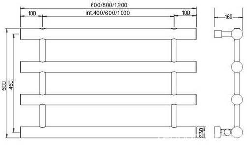 Полотенцесушитель 600хh500х160мм, подвод воды int.400мм, (цв.хром), краны, крепёж в компл., (ГВС, 6 bar),  Margaroli 1-442/4 ZZ Margaroli Orizzonti 1-442/4/600