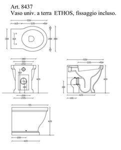 Унитаз напольный пристенный 55х38хh42см, для установки со скрытым в стене бачком смыва, БЕЗ сиденья, (крепёж к полу в копл.),  ZZ Galassia Ethos 8437