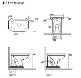 Унитаз напольный, пристенный, 37х55см, для установки со скрытым в стене бачком смыва, без сиденья и крепл. к полу арт.7603 хх,  ZZ Kerasan Waldorf 411801