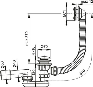 Сифон для ванны, 57 см, Click Clack, металл AlcaPlast Универсал A504KM / A504CKM