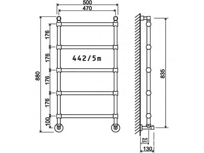 Полотенцесушитель 500/530хh896х125мм, 5 перекладин, подвод воды int.470мм, (цв.хром), краны, крепёж в компл., (ГВС, 6 bar) Margaroli 442/5/500 Margaroli Sole 442/5/500 CR  PL запрос