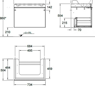 Тумба 734хh554х504мм, 1 выдв. ящик, для устан. с рак. арт. 123575; 123675, (цв. светлый дуб, стеклян. фронт панель беж цв.), креп/комп., Citerio ZZ Geberit Citterio 500.557.JI.1