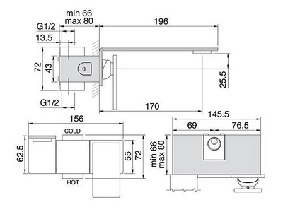 Смеситель для раковины, встраиваемый в стену, 1 ручк. гориз., излив 196мм, (цв. тертая сталь),  ZZ 3M 5mm RWIT 2851 IS 96