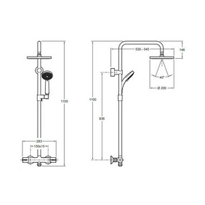 Душевая стойка для душа с термостатом, ручной душ + верхний душ 200мм + шланг 1600мм, цв.хром Jacob Delafon July E45716-CP