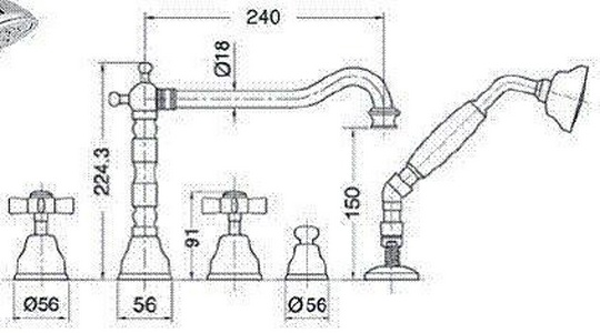 Смеситель для ванны, встраиваемый в борт, на 5 отв., шланг, лейка в компл., (цв. золото), Phoenix ZZ Gaia Princeton RB 880 OR