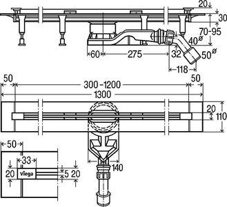 Дренажный канал (душ. лоток), укорачиваемый 300-1200мм, h70-90мм, (без вставки),  ZZ Viega Advantix Vario 721671