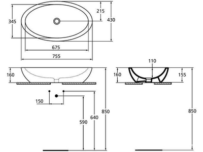 Раковина накладная на столешницу, 755х430хh155мм, овальная, без отв. для смесит., без перелива,  ZZ Ideal Standard Strada K078501