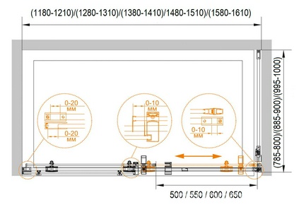 Душевой уголок 1200х900хh1950мм, прямоугольный, сдвижная дверь справа/слева, вход 500мм, (стекло прозр. 8мм, фурнит. цв.хром),  ZZ Cezares Stylus M STYLUS-O-M-AH-1-120/90-C-Cr