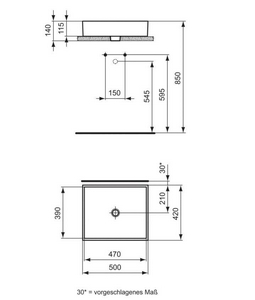 Раковина накладная на столешницу, прямоугольная 500х420хh115мм, без отв.д/смесит., без перелива,  Ideal Standard Strada K077601
