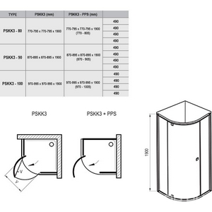 Душевая шторка -100, стекло прозрачное, профиль сатин, без поддона, KL Ravak PSKK3 376AAU00Z1