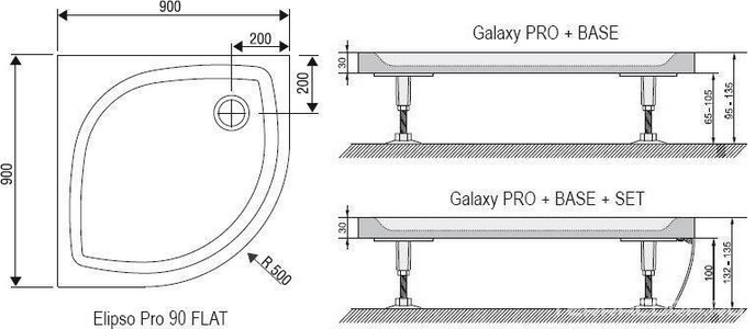 Поддон  100 PRO, 100х100см 1/4 круга R500мм, встраиваемый, для душевой кабины PSKK3-100, белый, без монтажного набора, ножек, панели и сифона,KL Ravak Elipso XA23AA01010/11306
