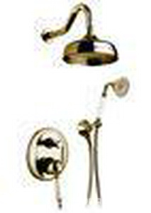 Смеситель для душа, встаив. в стену с переключ., c верхн.стацион. душем 30см, лейка, шланг, кронштейн в комп., (цв. бронз, ручка белая),  ZZ Gaia Canterbury RB 6398/30 BR