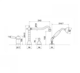 Смеситель для ванны, встраиваемый, на 4 отв., лейка, шланг в компл., (цв. бронза, ручка цв. белый),  ZZ Gaia Canterbury RB6355 BR