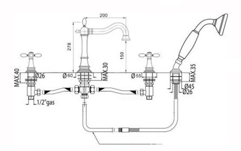 Смеситель для ванны, встраиваемый, на 4 отв., лейка, шланг в компл., (цв. бронза),  ZZ Gaia Chopin RN 680 BR