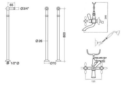 Смеситель для ванны, напольный, трубы 2шт., лейка, шланг, кронштейн в компл., (цв. хром),  ZZ Gaia Chopin RN 600/C2 CR