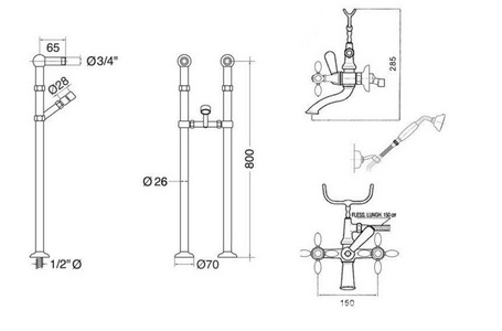 Смеситель для ванны, напольный, трубы 2шт., крепёж к сифону, лейка, шланг, кронштейн в компл., (цв. хром),  ZZ Gaia Chopin RN 600/C CR