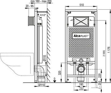 Инсталляция для подвесного унитаза, h=120см., с клавишей М70 цв.белый ZZ AlcaPlast Универсал AM101/1120-3:1 RU M71-0001