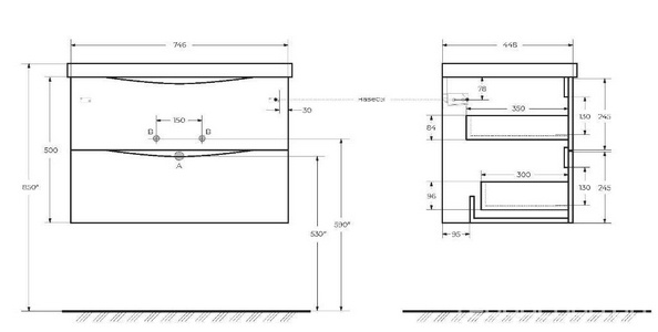 База под раковину подвесная с 2 выкатными ящиками, 750х450хh500мм, без раковины, (цв.Rovere Nature),  ZZ BelBagno Marino MARINO-750-2C-SO-RN-P