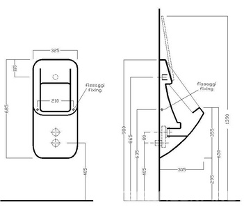 Писсуар 68,5х32см, с отверст. д/крепл. крышки (без крышки арт.YXCR01) подвод воды сзади из стены, выпуск в стену, без сиф. (креп. в ком.) FUSION Q ХХ Hatria Fusion Q YXE101