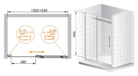 Дверь в нишу 1200хh1950мм, "Правая", сдвижная дверь СЛЕВА, вход 480мм, (стекло прозр. 8мм, фурнит. цв.хром),  XX Cezares Stylus STYLUS-BF-1-120-C-Cr-R
