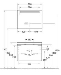 Тумба 787хh520х449мм, д/раковины 800мм,(2 выдв.отдел., 3 контейн.д/акс., 4 алюм.штанги, 2стекл.перег., креп.в ком.,(цв. FQ дуб графит.) Subway 2.0ZZ