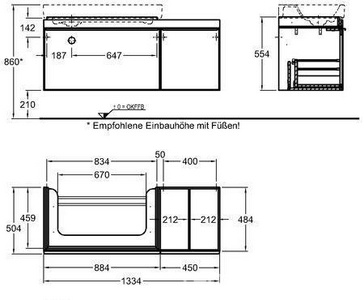 Тумба 1334хh554х504мм,полочка справа, 2 выдв. ящика,1 внутр ящик, д/уст.с рак.арт.123390;123590,(цв.свет дуб, стекл. фронт пан беж. цв.),креп/комп ZZ Geberit Citterio 500.567.JI.1