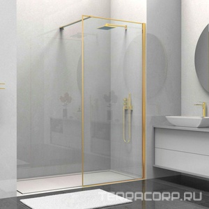 Душевая перегородка 900хh2000мм, правая/левая, (стекло прозрачное 8мм Easy Clean, укорачиваемый кронштейн 1200мм, фурнит.цв.браш.золото),  ZZ Vincea Walk-In VSW-1HS900CLG