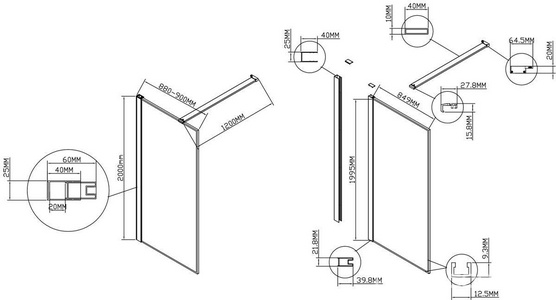 Душевая перегородка 900хh2000мм, правая/левая, (стекло прозрачное 8мм Easy Clean, укорачиваемый кронштейн 1200мм, фурнит.цв.браш.золото),  ZZ Vincea Walk-In VSW-1HS900CLG